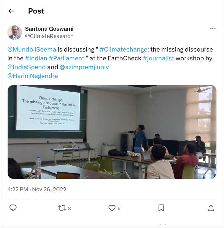 @MundoliSeema is discussing " #Climatechange: the missing discourse in the #Indian #Parliament " at the EarthCheck #journalist workshop