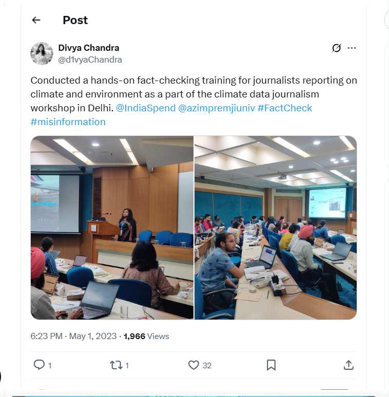 Conducted a hands-on fact-checking training for journalists reporting on climate and environment as a part of the climate data journalism workshop in Delhi.