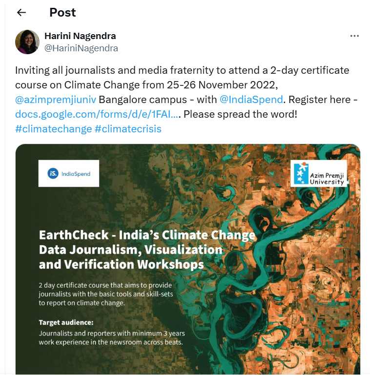 Inviting all journalists and media fraternity to attend a 2-day certificate course on Climate Change from 25-26 November 2022