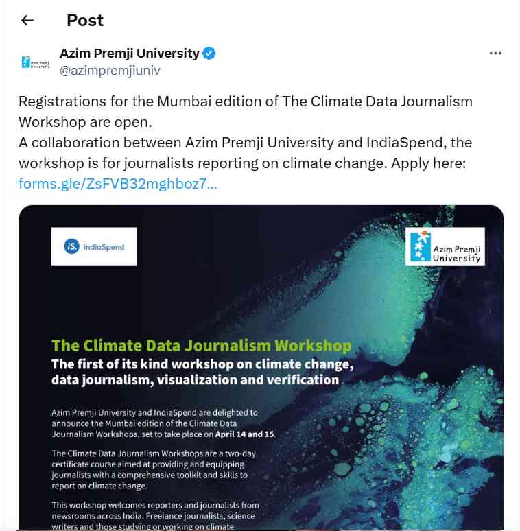 Registrations for the Mumbai edition of The Climate Data Journalism Workshop are open.