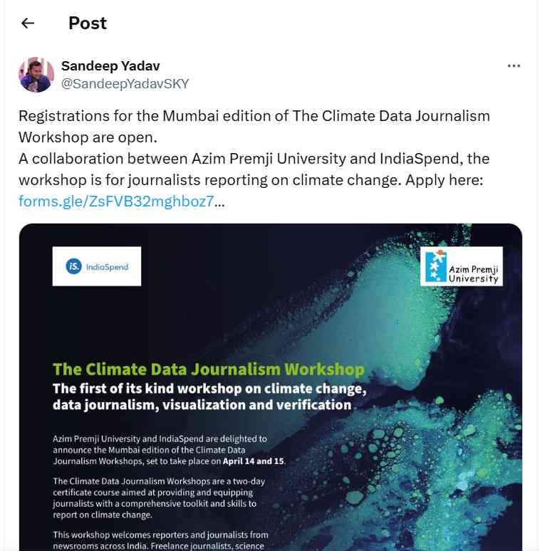 Registrations for the Mumbai edition of The Climate Data Journalism Workshop are open.