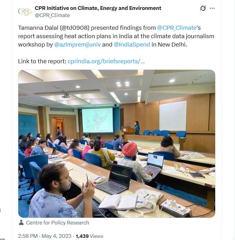 Tamanna Dalal (@td0908) presented findings from @CPR_Climate 's report assessing heat action plans in India at the climate data journalism workshop by @azimpremjiuniv and @IndiaSpend in New Delhi.