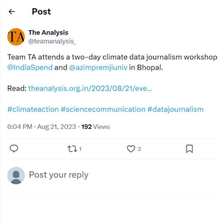 Team TA attends a two-day climate data journalism workshop by @IndiaSpend and @azimpremjiuniv in Bhopal.
